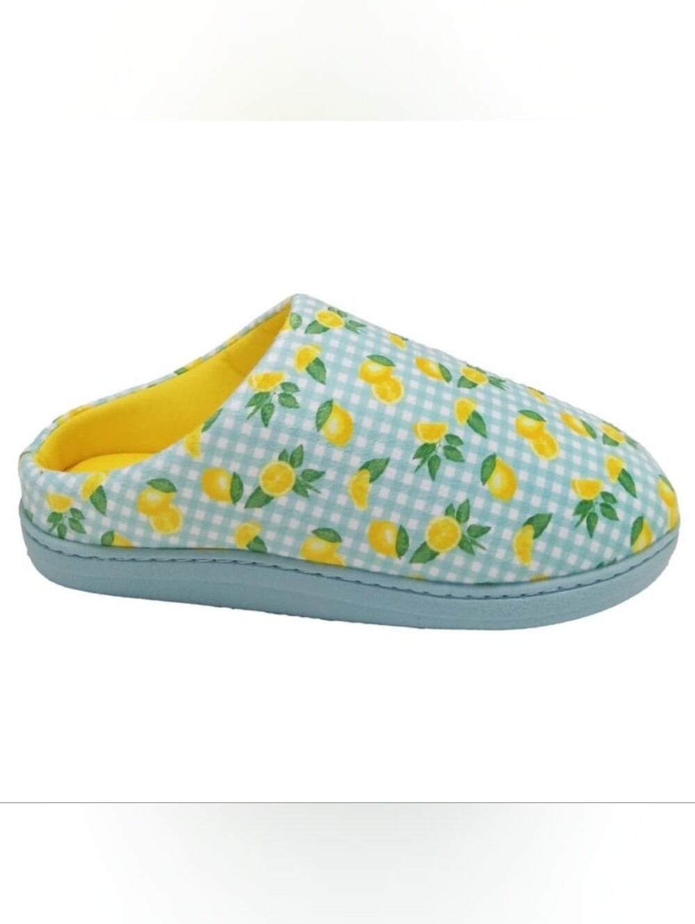 Lemon Print Memory Foam Slippers- New In Box , Size 7/8 Yellow & Light Blue
